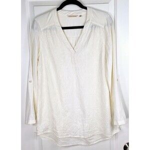 Soft Surroundings Linen BlendEmbroidered Floral Tunic‎ Top White Boho Size PS